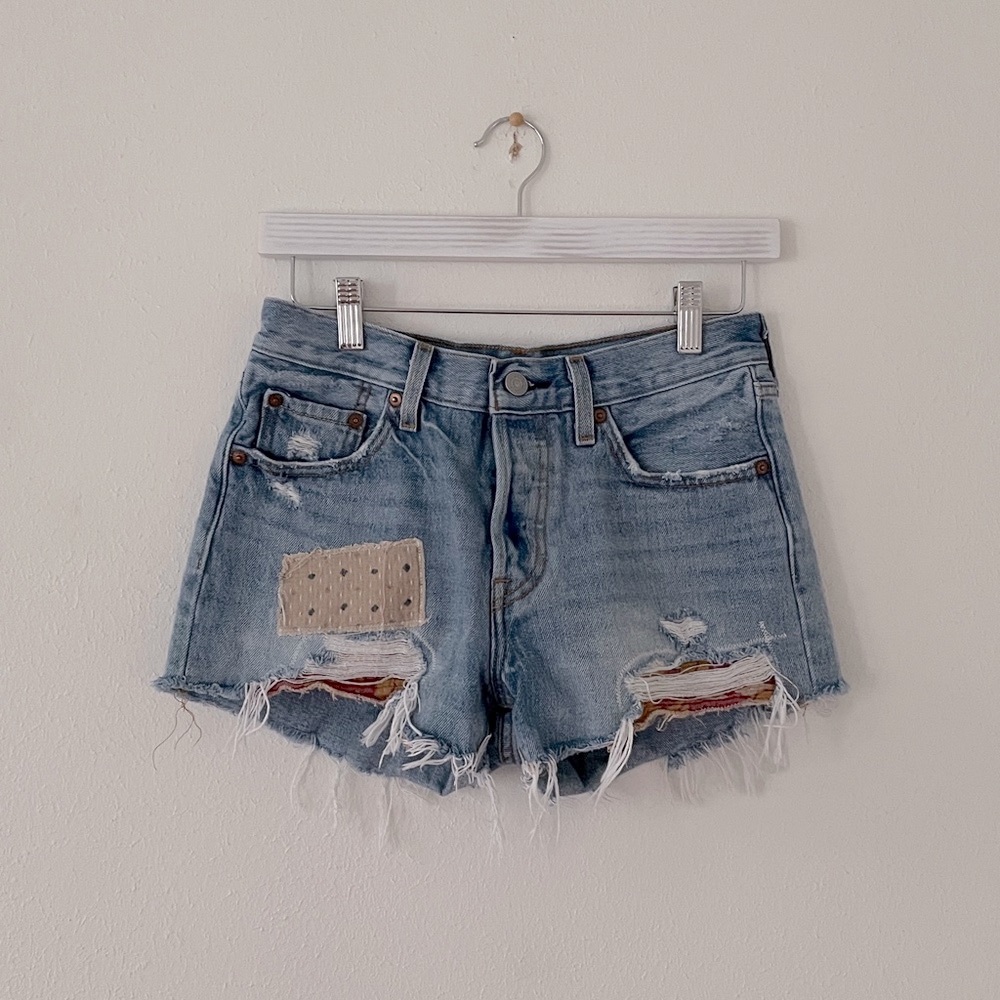 Levi’s 501 Jean Shorts Patchwork Distress Cut Offs Red Tab Button Fly Coastal